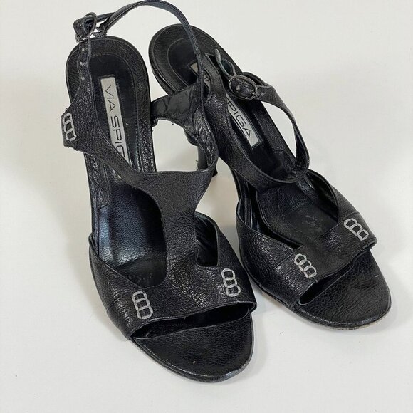 Via Spiga Womens Leather T-Strap Slingback Pump Black 5 M Stiletto Heels Buckle - Picture 2 of 7